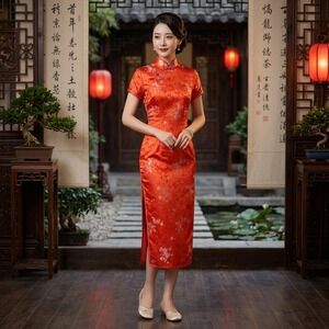 Vintage Felt Squirrel Cheongsam Qipao Dress Red Pink Floral Rayon Size 32 China
